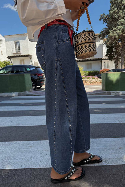 Never Fully Dressed Customer Favorite - Blue Studded Barrel Jeans
