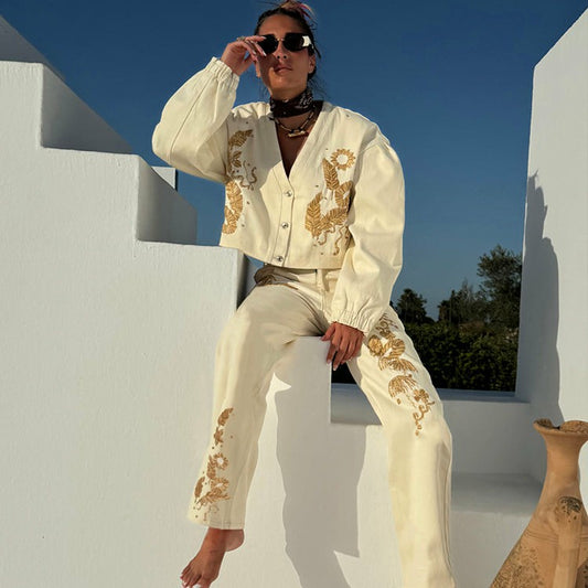 Never Fully Dressed Signature - Ecru Raffia Palma Barrel Leg Jeans