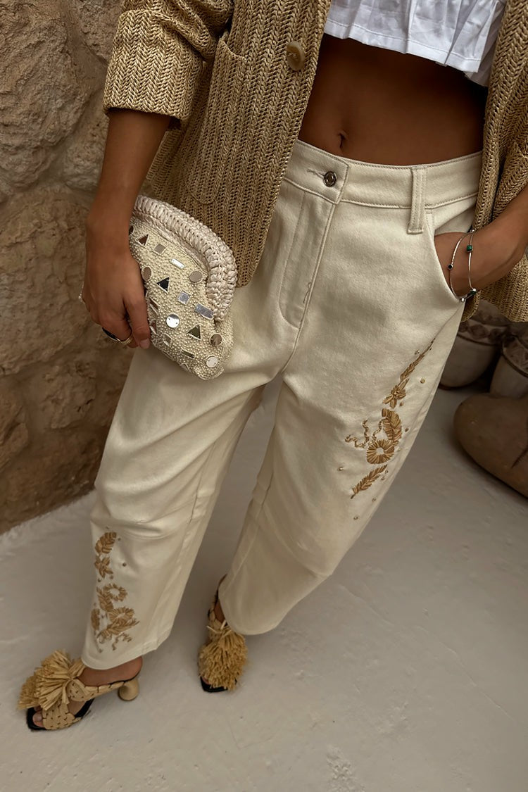 Never Fully Dressed Signature - Ecru Raffia Palma Barrel Leg Jeans