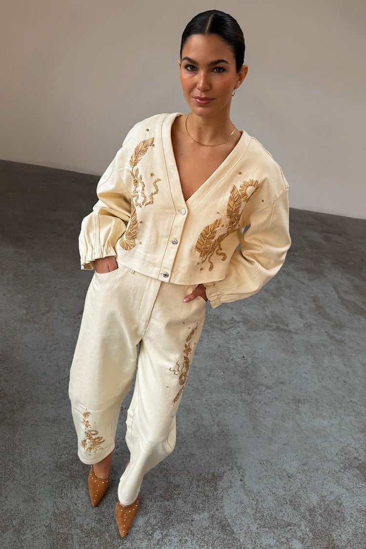 Never Fully Dressed Signature - Ecru Raffia Palma Barrel Leg Jeans