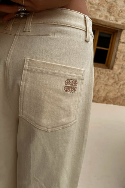 Never Fully Dressed Signature - Ecru Raffia Palma Barrel Leg Jeans