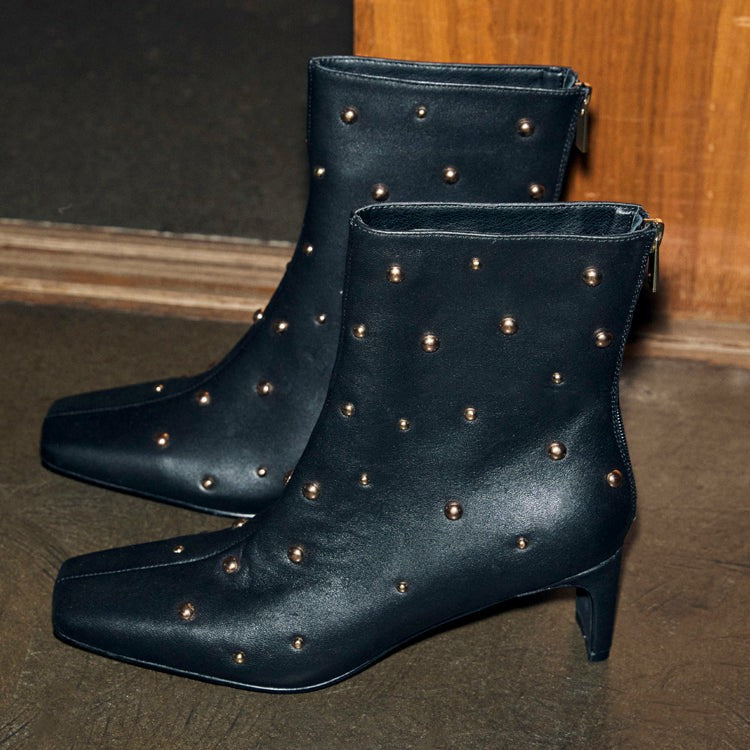 Never Fully Dressed Essential - Black Leather Boots with Gold Studs