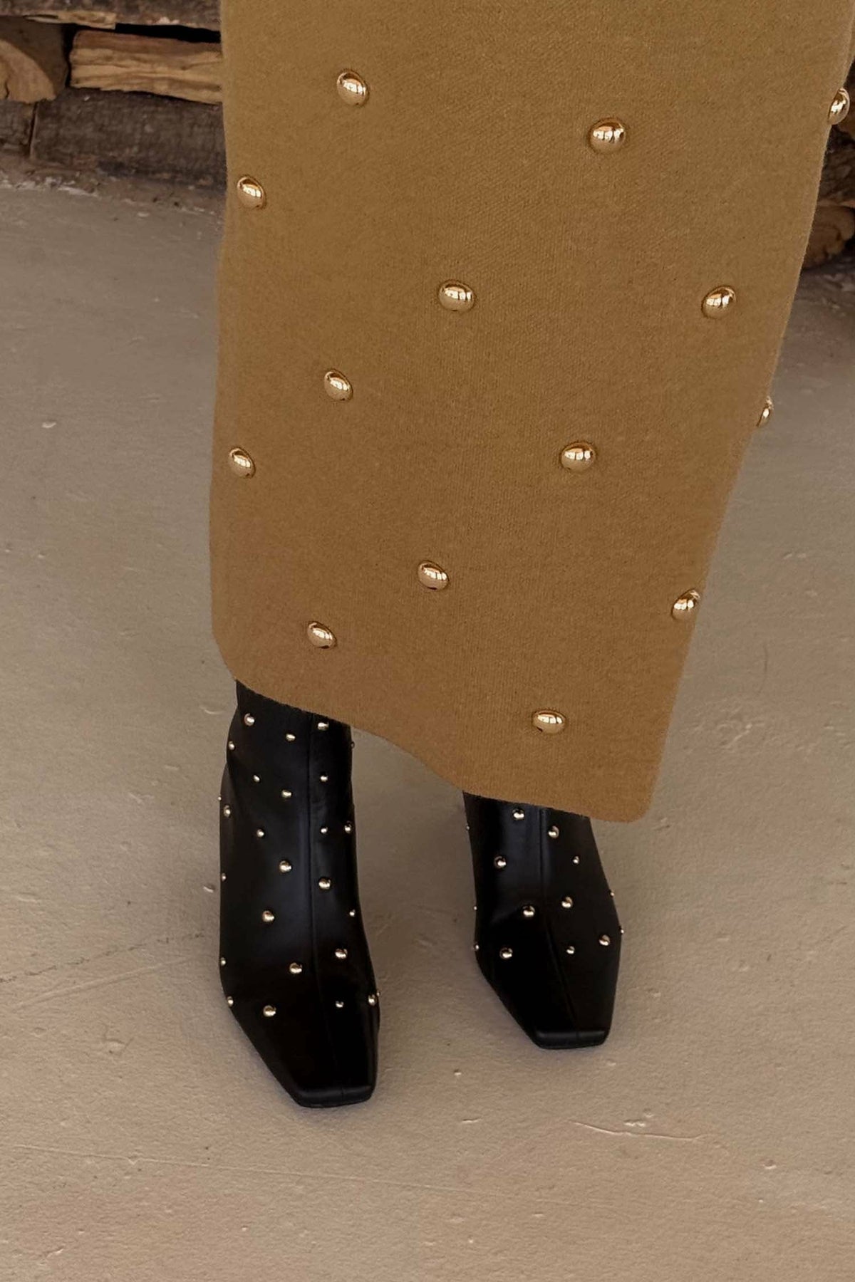 Never Fully Dressed Essential - Black Leather Boots with Gold Studs
