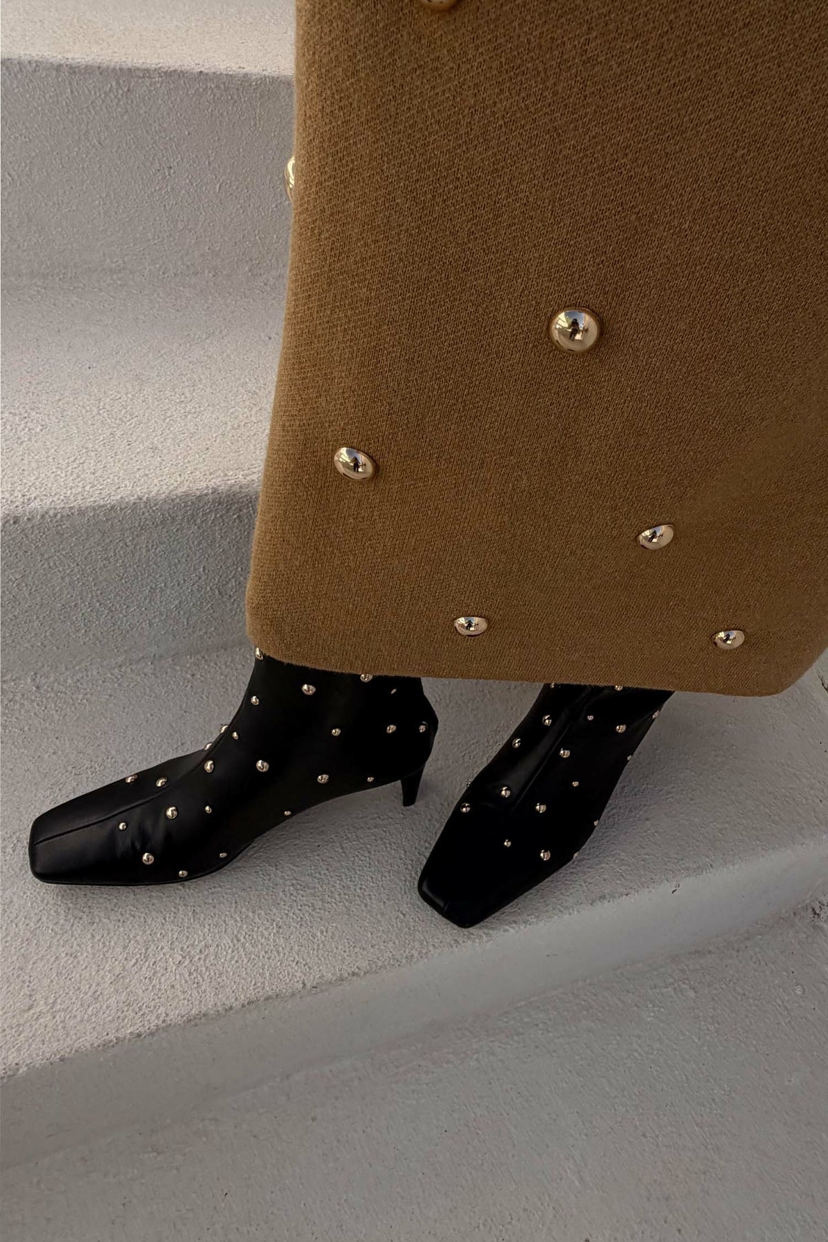 Never Fully Dressed Essential - Black Leather Boots with Gold Studs