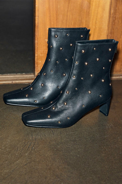 Never Fully Dressed Essential - Black Leather Boots with Gold Studs