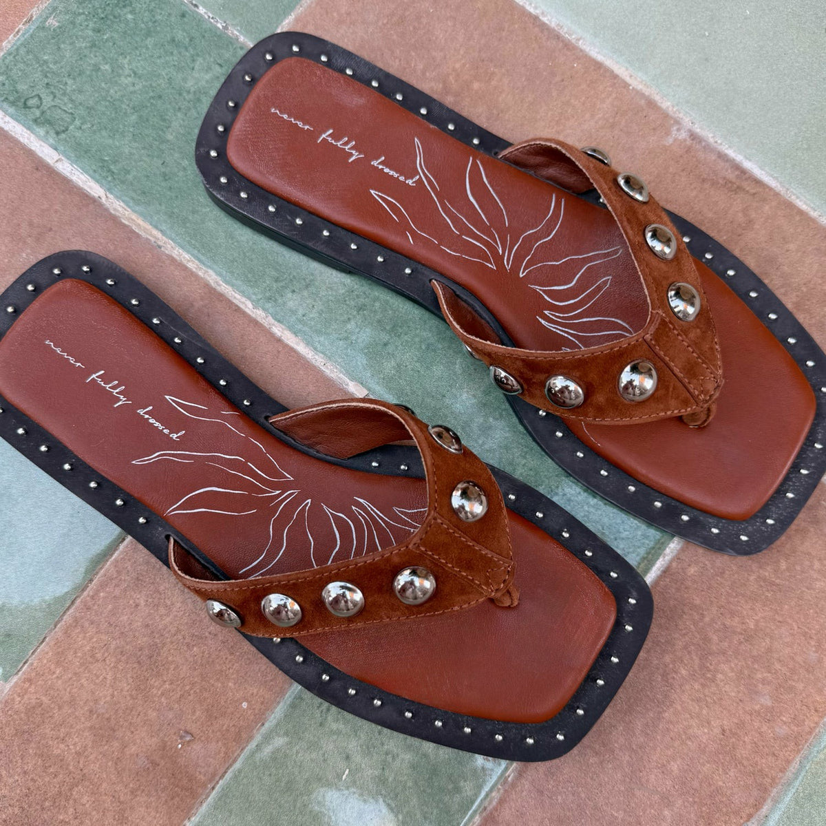 Never Fully Dressed Classic - Tan Leather Stud Sandals