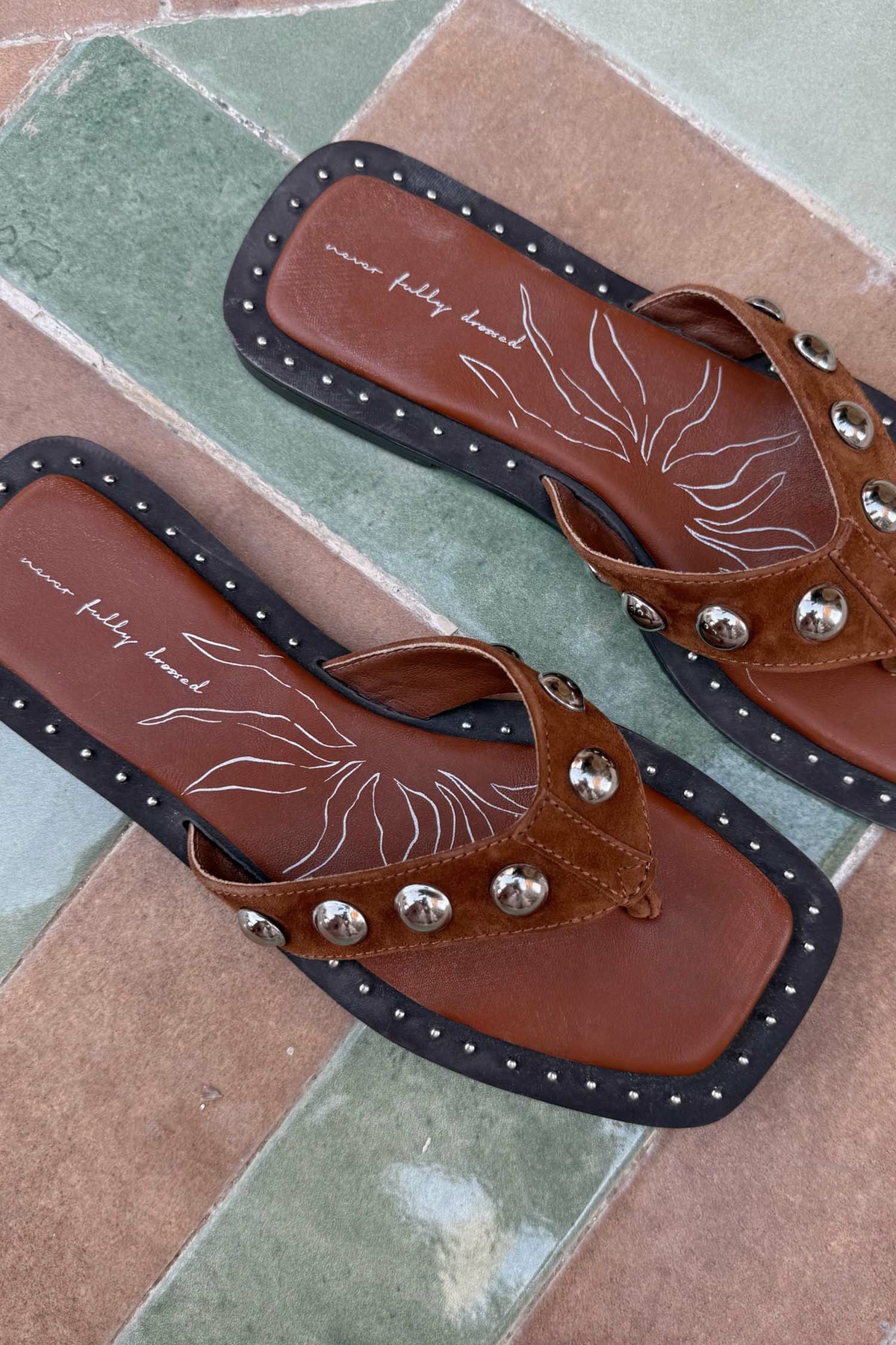 Never Fully Dressed Classic - Tan Leather Stud Sandals