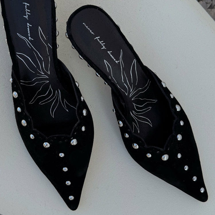 Never Fully Dressed Signature - Black Suede Mules with Silver Studs