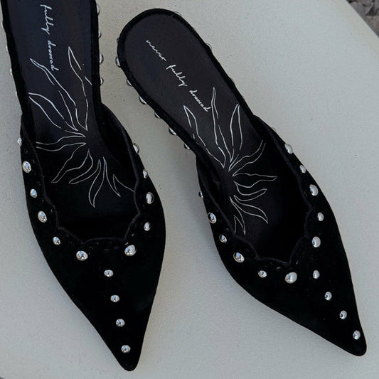 Never Fully Dressed Signature - Black Suede Mules with Silver Studs