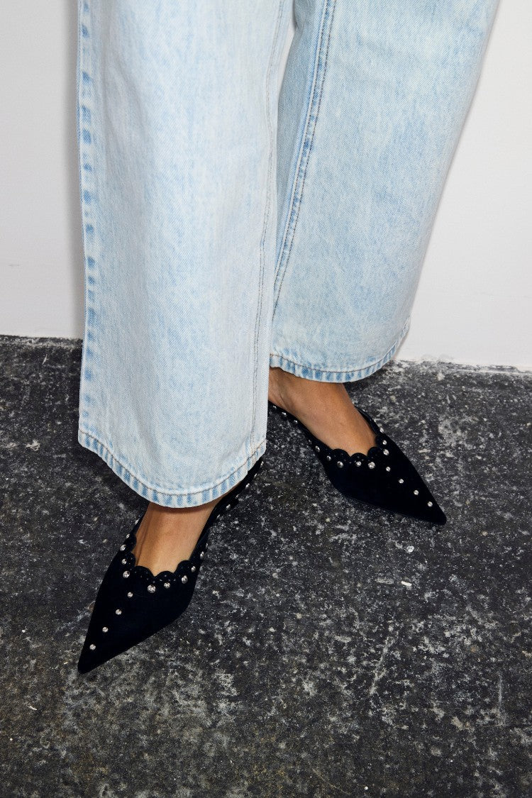 Never Fully Dressed Signature - Black Suede Mules with Silver Studs