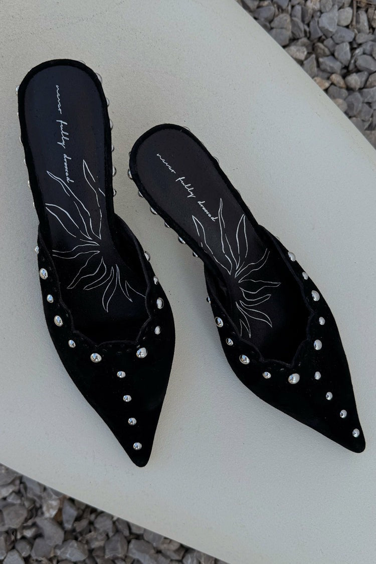 Never Fully Dressed Signature - Black Suede Mules with Silver Studs