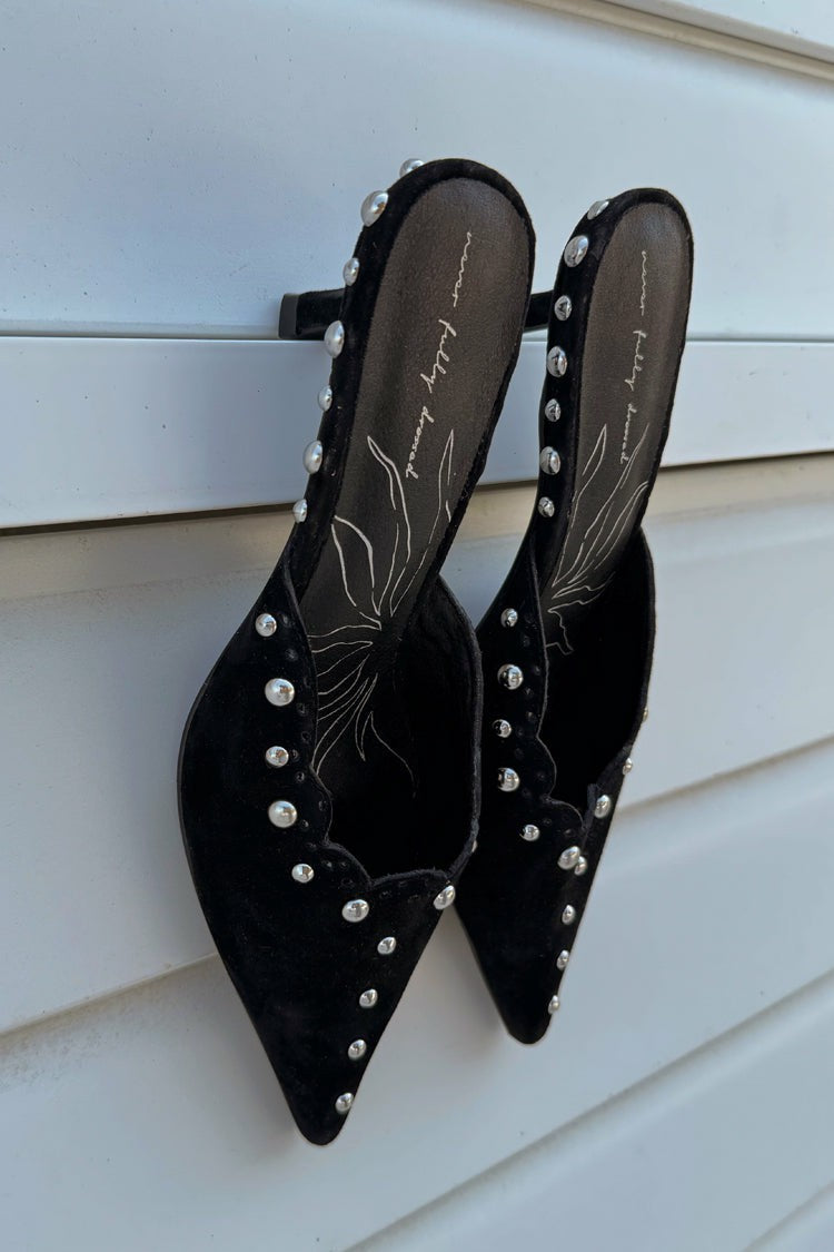 Never Fully Dressed Signature - Black Suede Mules with Silver Studs