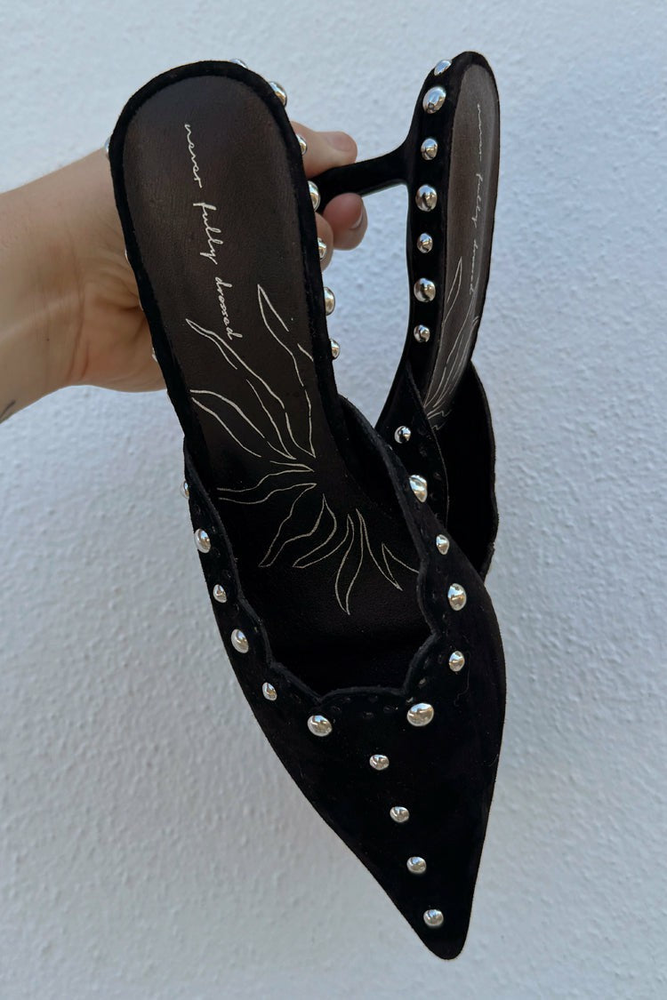 Never Fully Dressed Signature - Black Suede Mules with Silver Studs