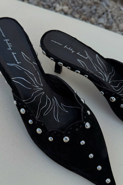 Never Fully Dressed Signature - Black Suede Mules with Silver Studs