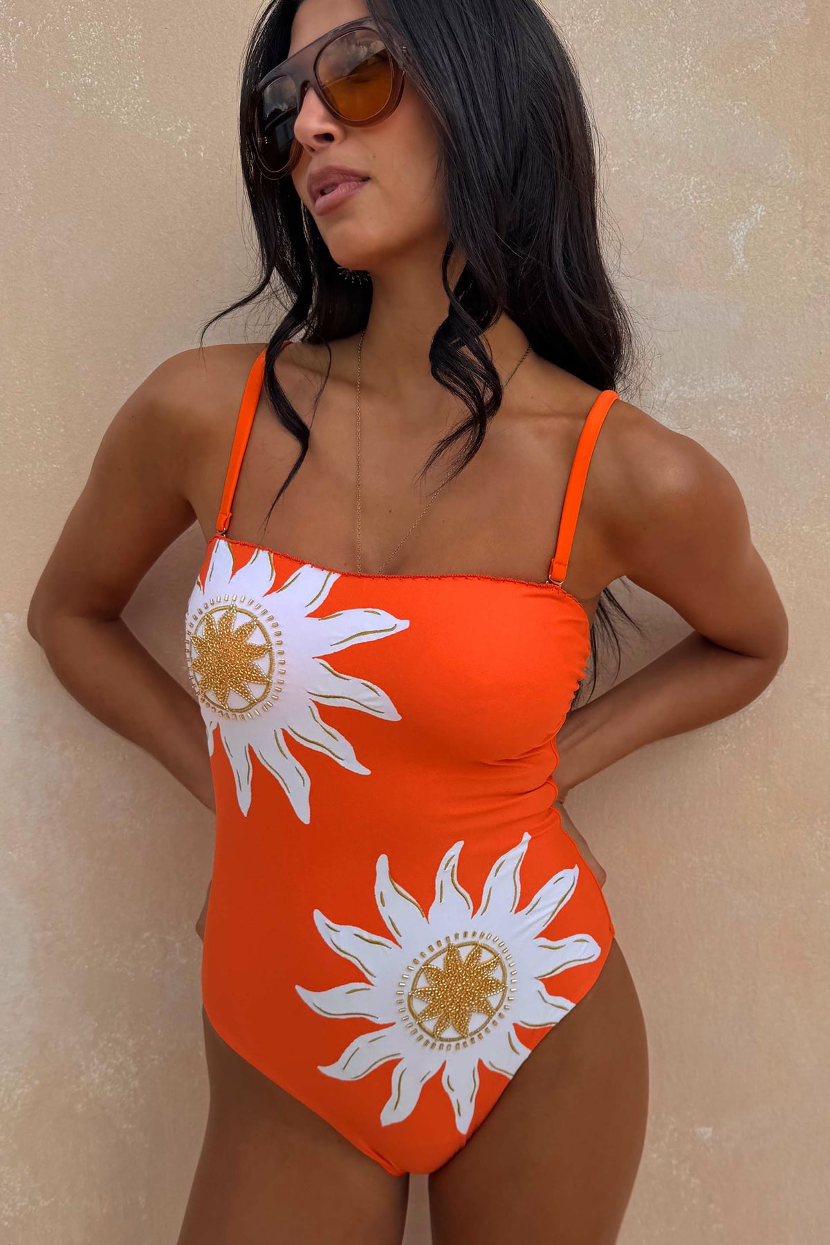 Never Fully Dressed Latest - Orange Sun Bandeau Swimsuit - Soleil Print - Never Fully Dressed