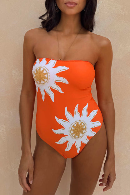 Never Fully Dressed Latest - Orange Sun Bandeau Swimsuit - Soleil Print - Never Fully Dressed