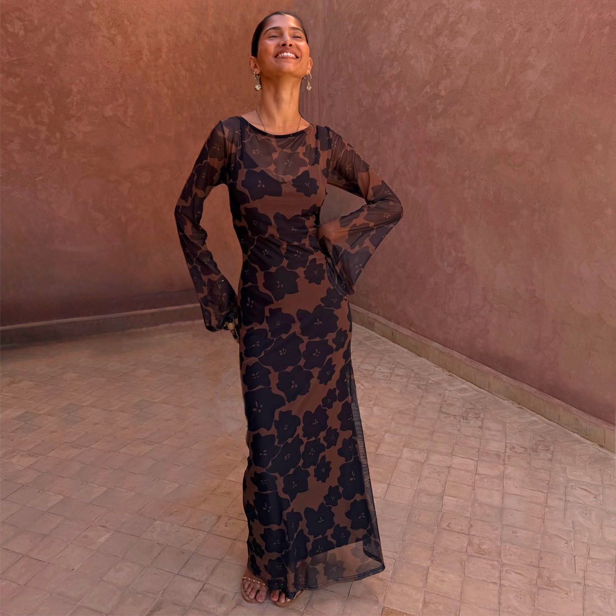 Never Fully Dressed Great Value - Tan Jaden Floral Mesh Dress