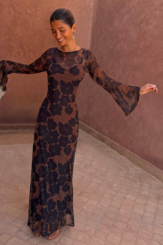 Never Fully Dressed Great Value - Tan Jaden Floral Mesh Dress