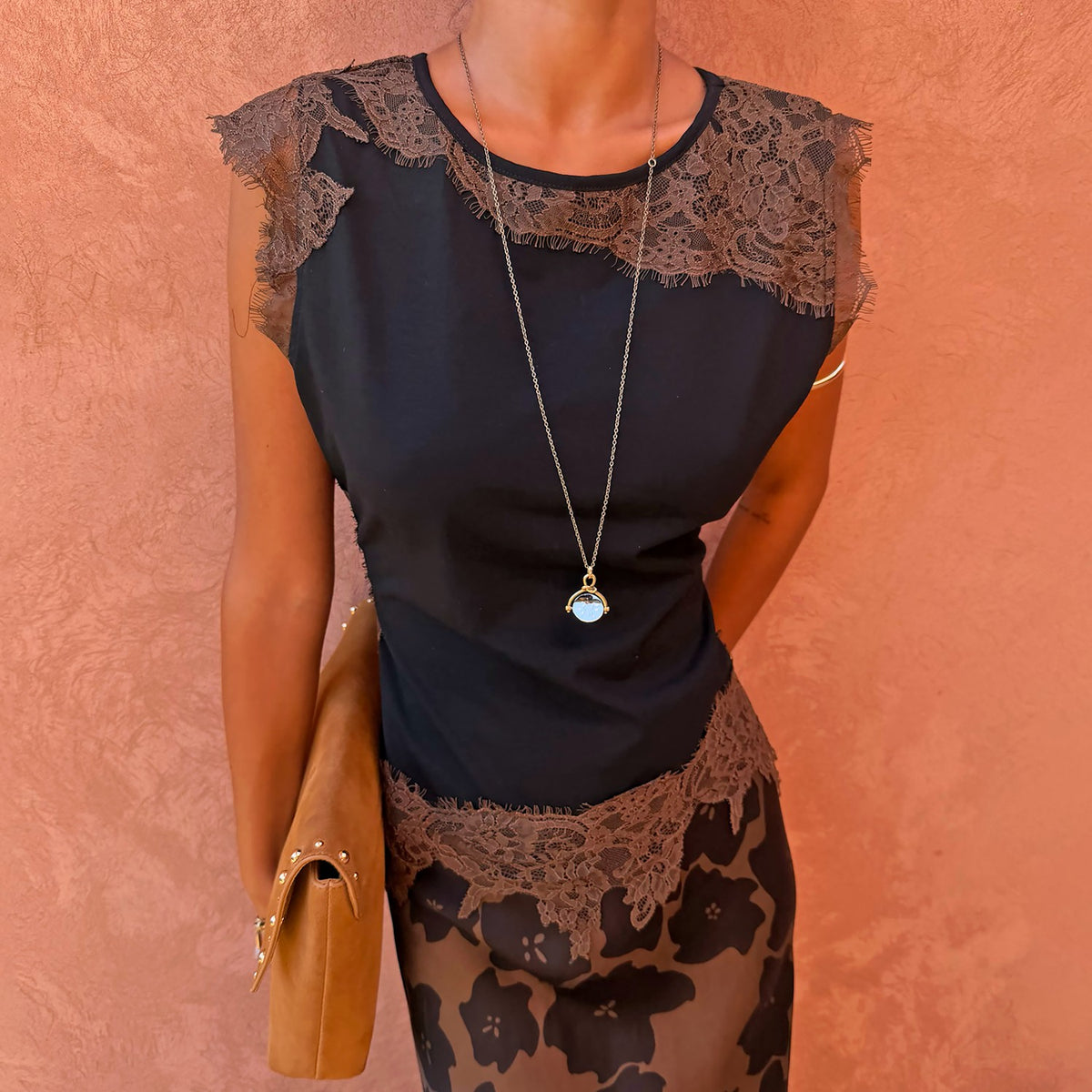 Never Fully Dressed Smart Buy - Black and Chocolate Lace Jersey Top