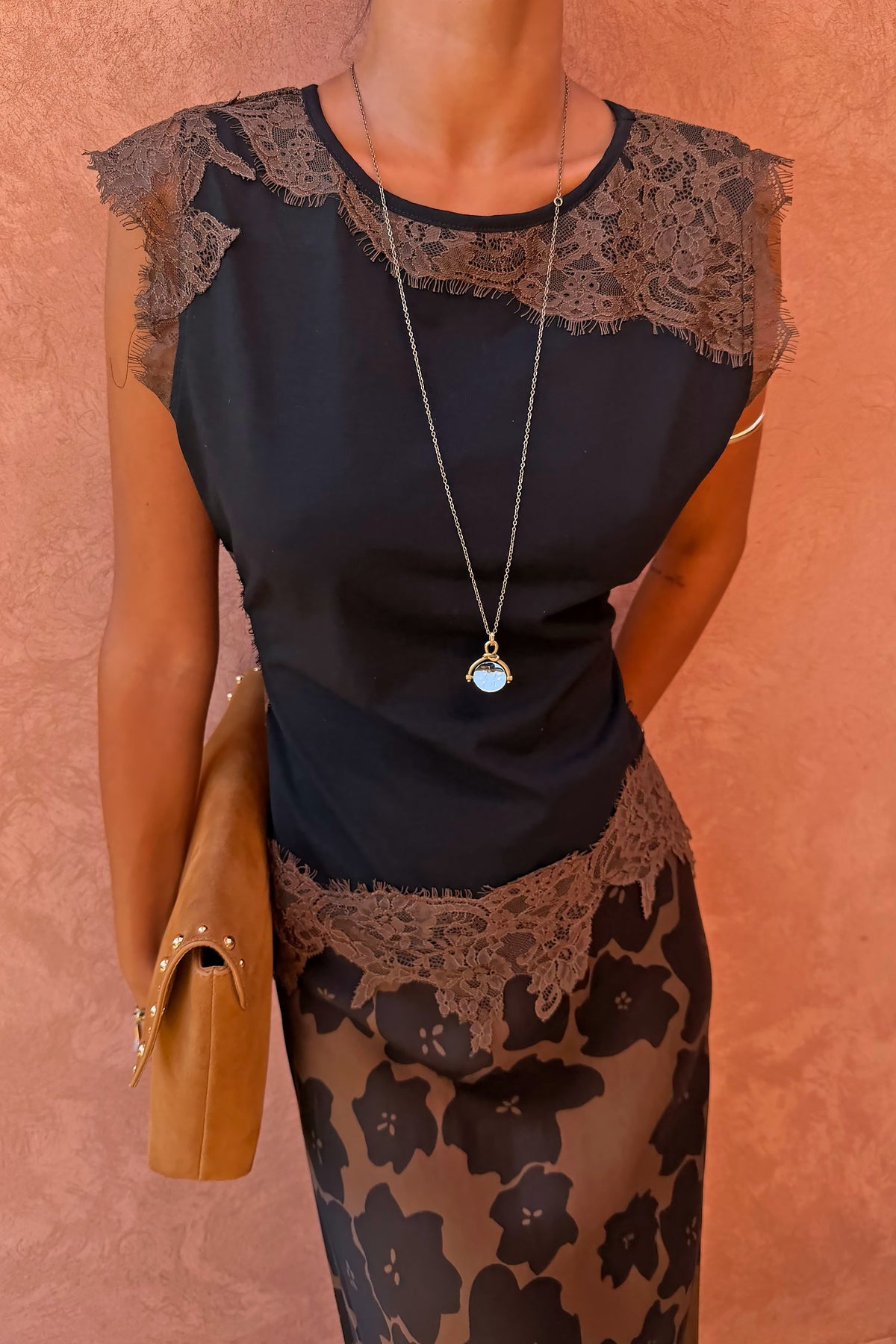 Never Fully Dressed Smart Buy - Black and Chocolate Lace Jersey Top
