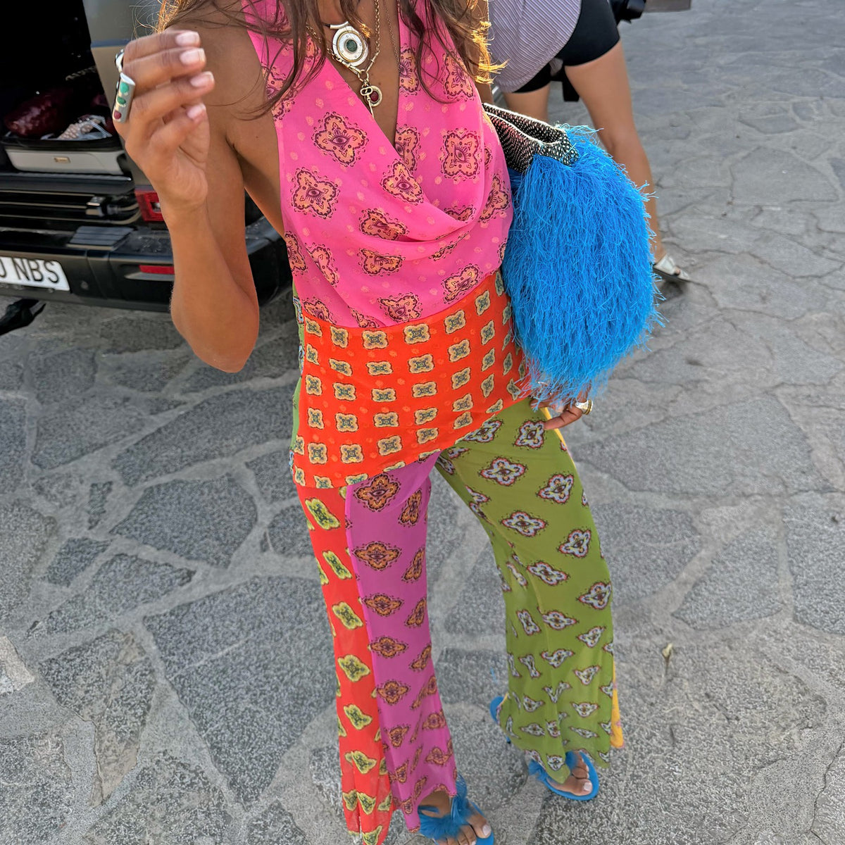 Never Fully Dressed Discount - Pink Mix Tile Mesh Flare Trousers Petite