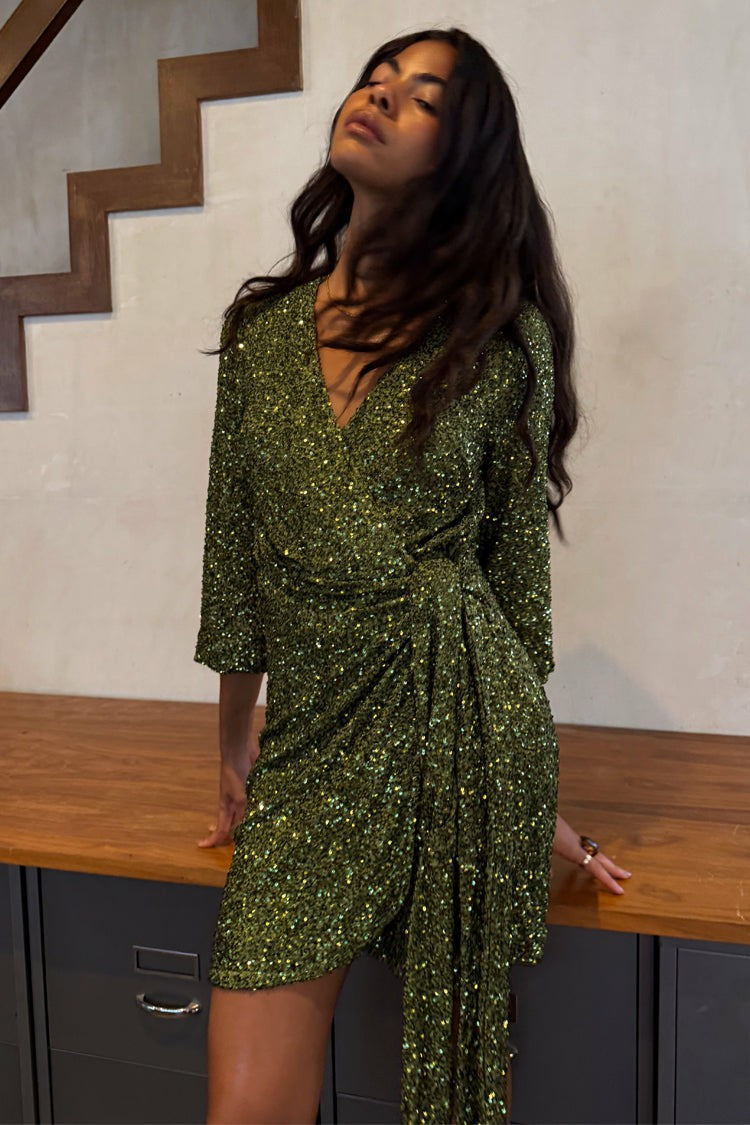 Never Fully Dressed Trending - Olive Sequin Mini Vienna Petite