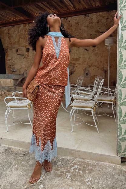 Never Fully Dressed Value - Deer Print Midi Maeva Skirt Petite with Lace Trim - Never Fully Dressed